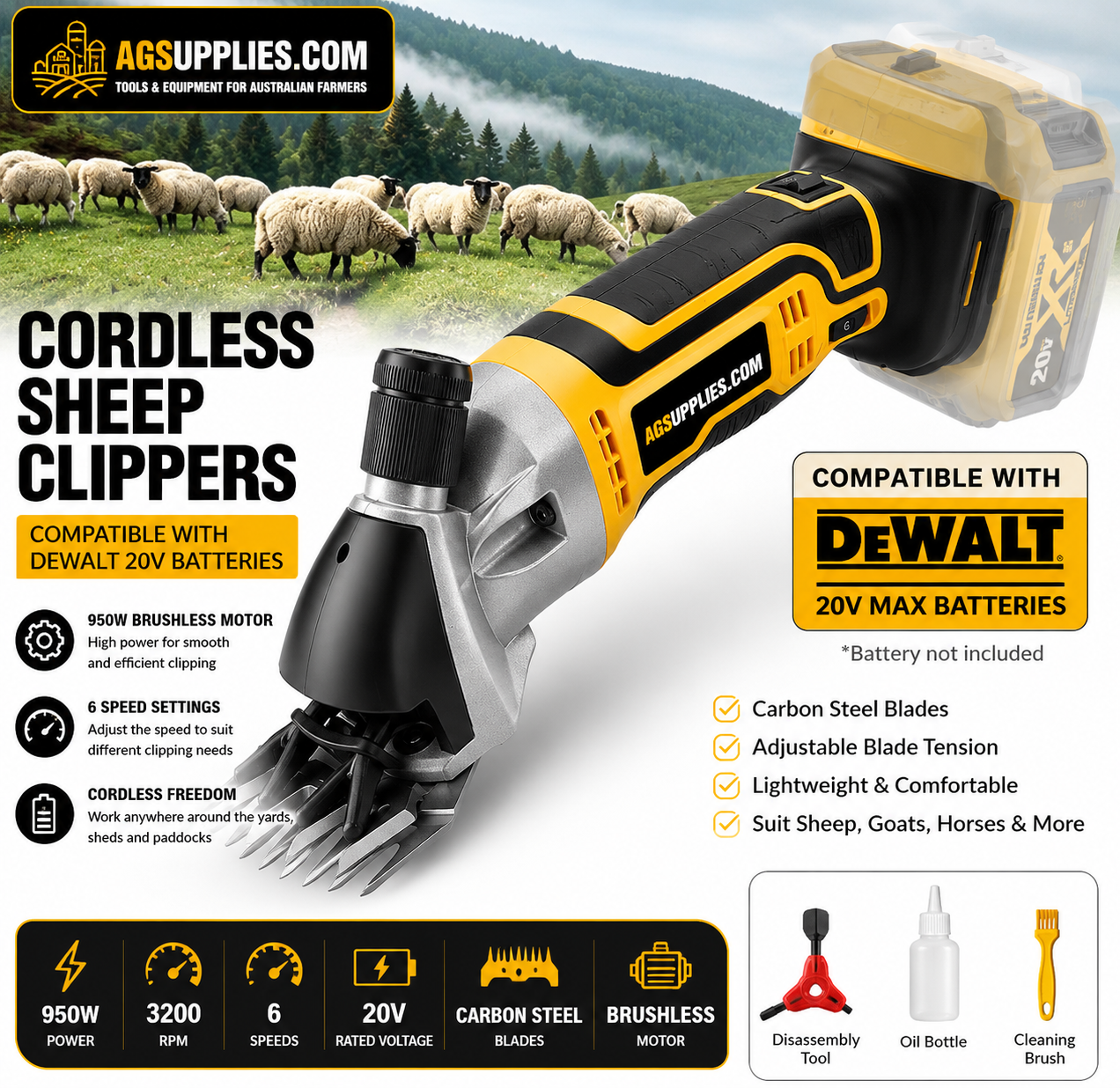 Cordless Sheep Clippers – DeWalt 20V Battery Compatible | 950W Brushless