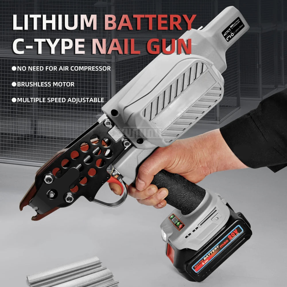 Lithium battery C-type nail gun being held with product details on a gray background