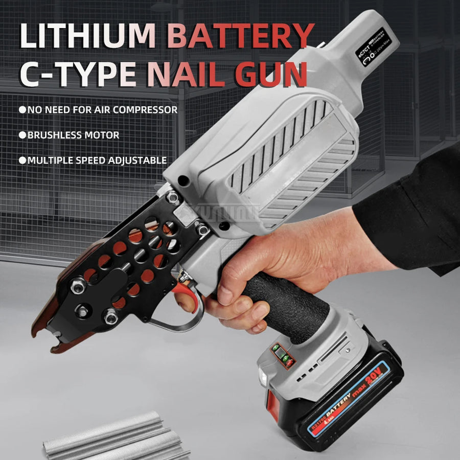 Lithium battery C-type nail gun being held with product details on a gray background
